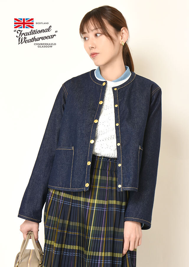 ◆TraditionalWeatherwear|トラディショナルウェザーウェア|ArkleyA-LineDenim|ノーカラーショートデニムジャケット【CO0506EM】【26】