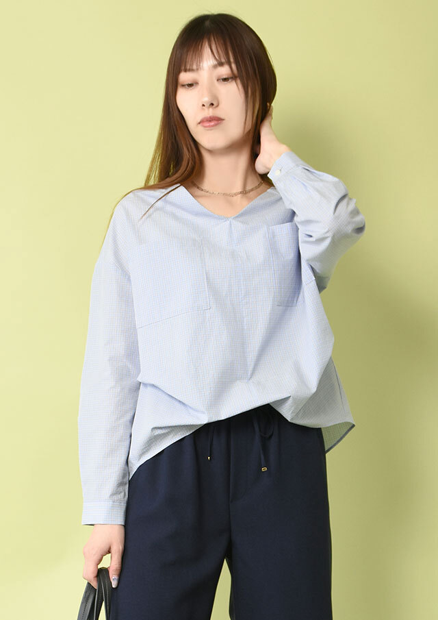 ◆コットンミニチェックVネックプルオーバーブラウス【H160007】【26】