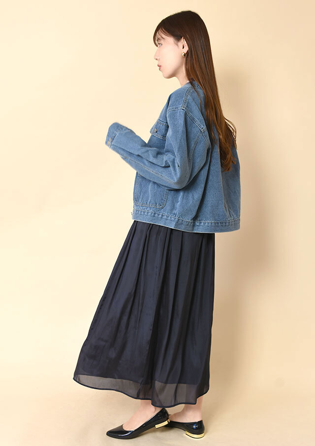 fruits of life シャンブレギャザー スカート ブルー シルキーシャンブレーギャザースカート