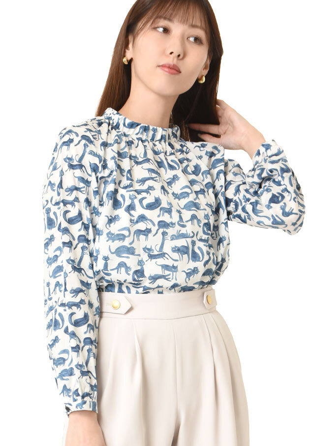 ◆コットンネコプリントギャザーネックプルオーバーブラウス【H307-4048】【61】