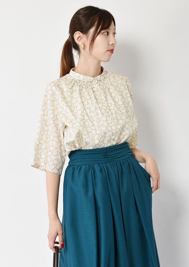 えりきち リバティちび衿6分袖シャーリングシャツ