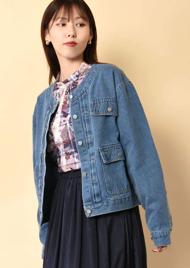 ◆フラップポケットノーカラーデニムジャケット【H48800A】【27】