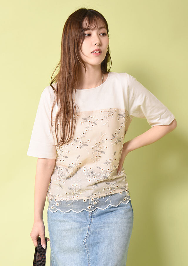 ◇◆フロントチュール刺繍切替5分袖プルオーバーカットソー【H51UT342】【27】