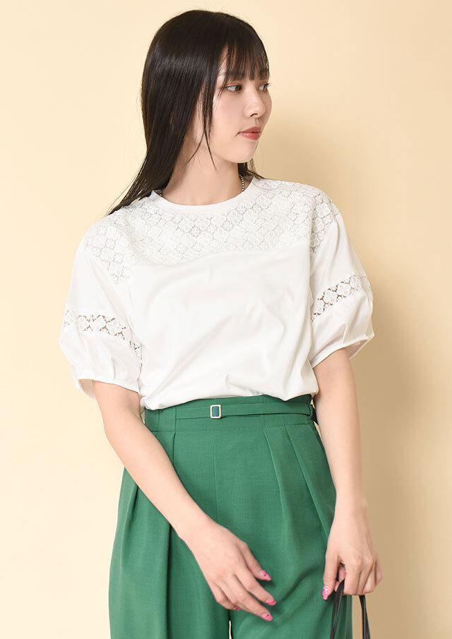 ◆コットンクローバーケミカルレースコンビ5分袖プルオーバーカットソー【H61UT321】【27】