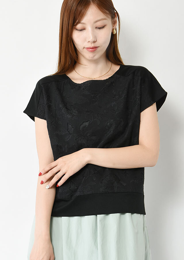 ◆フロント刺繍シアーレースフレンチスリーブプルオーバーカットソー【H62UT501】【27】