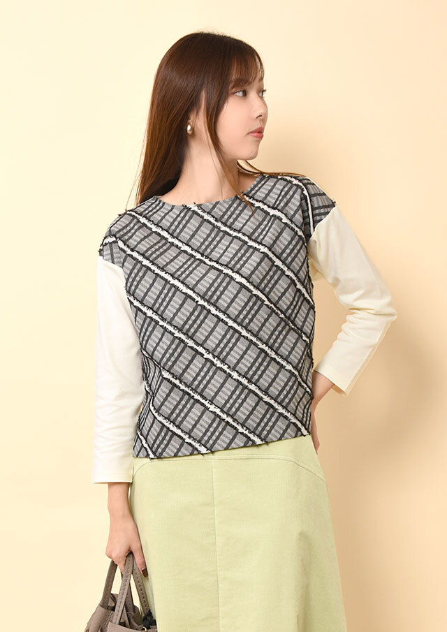 ◆フロントチェックカットジャガードプルオーバーカットソー【H63UT421】【27】