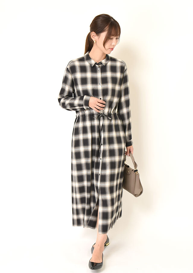 ◆オンブレーチェックちび衿シャツマキシワンピース【H655012】【26】
