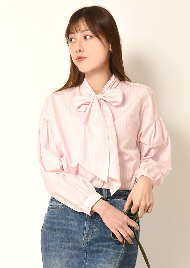 ◆ストライプ&無地スキッパータイ付きプルオーバーブラウス【H660008】【26】