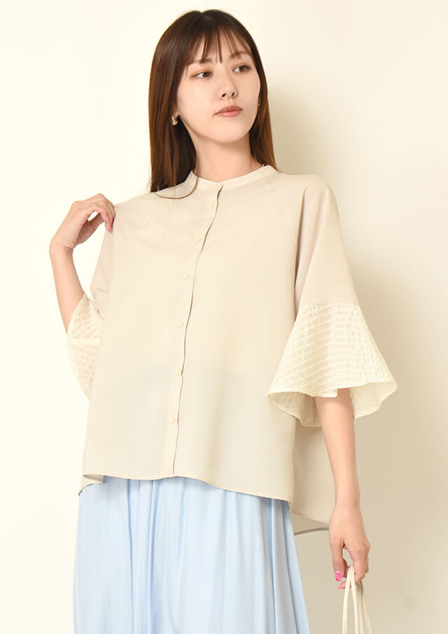 ◆異素材フレアスリーブバンドカラーシャツ【H660018】【26】