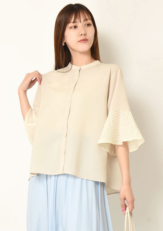 ◆異素材フレアスリーブバンドカラーシャツ【H660018】【26】