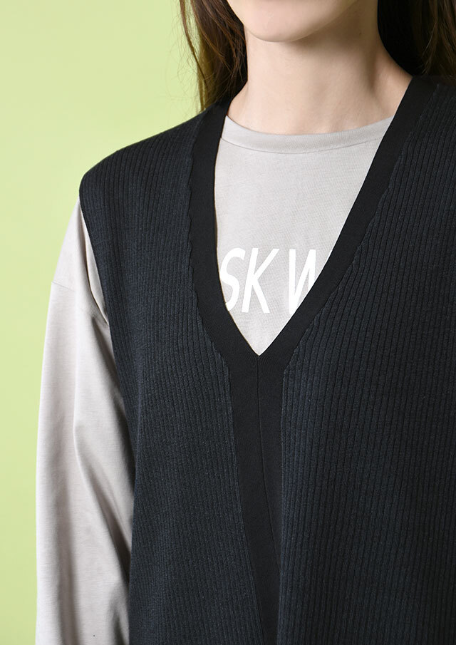 HEVE ヘイブ ブラックフリンジVネックベスト ハイゲージリブV