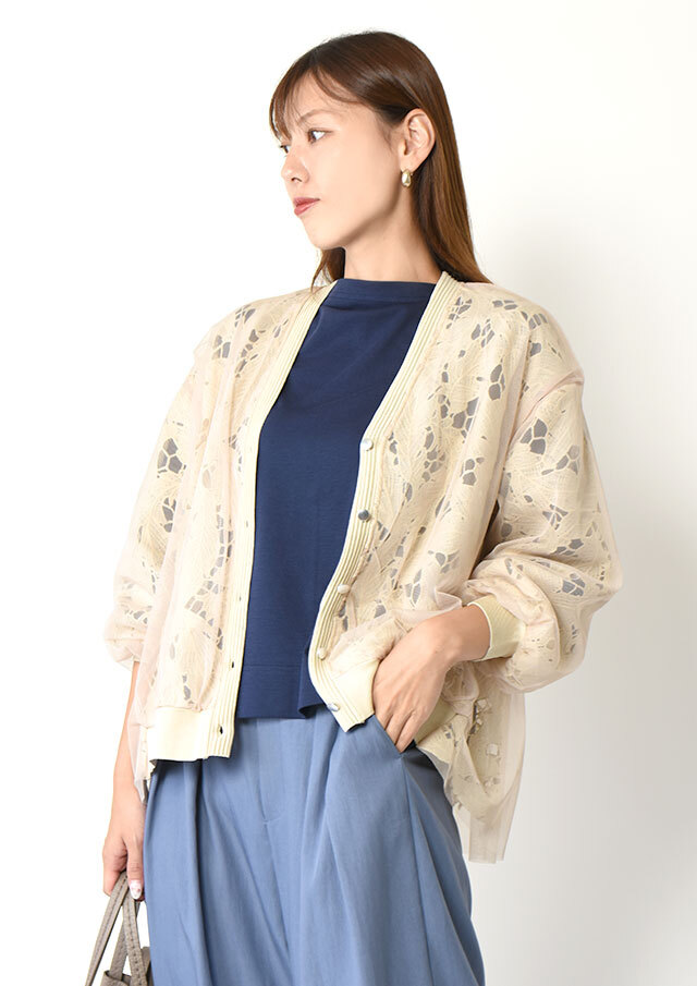 レース×チュールVネックカーディガン