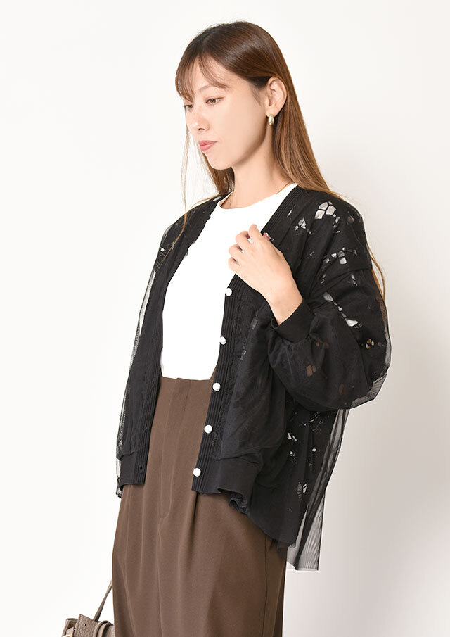 レース×チュールVネックカーディガン