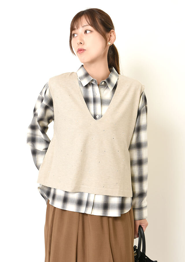 ◆ジルコンパーツ付きプルオーバーベスト【H733852】【26】