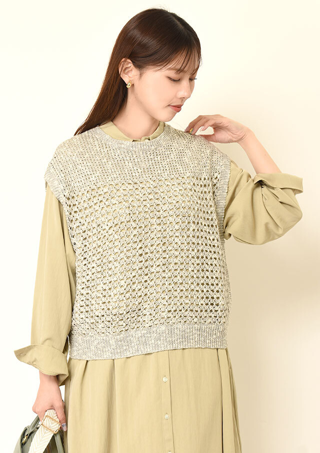 ◆コットンスラブ透かし編みニットベスト【H733928】【26】