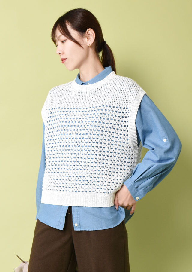 ◆コットンスラブ透かし編みニットベスト【H733928】【26】