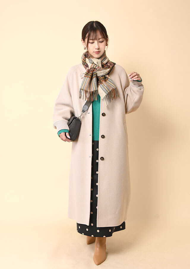 ペコラムリブ袖ステンカラーロングコート