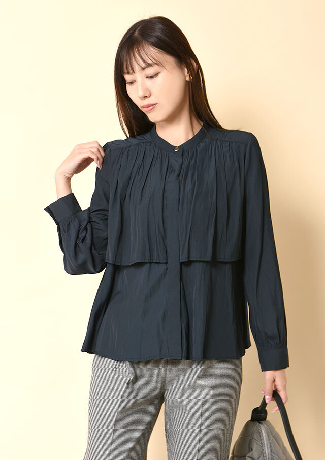 ◆パウダーサテンバンドカラーシャツ【H8554338】【26】