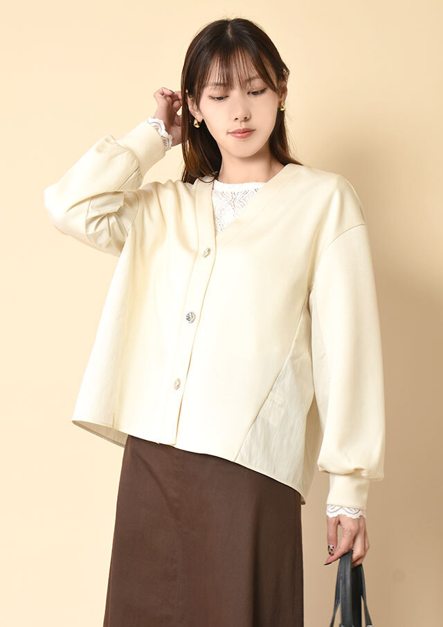 ◆ダンボール布帛コンビVネックカーディガン【H8560316】【26】