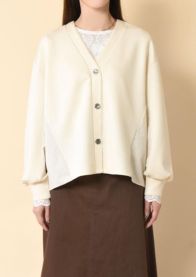 ダンボール布帛コンビVネックカーディガン