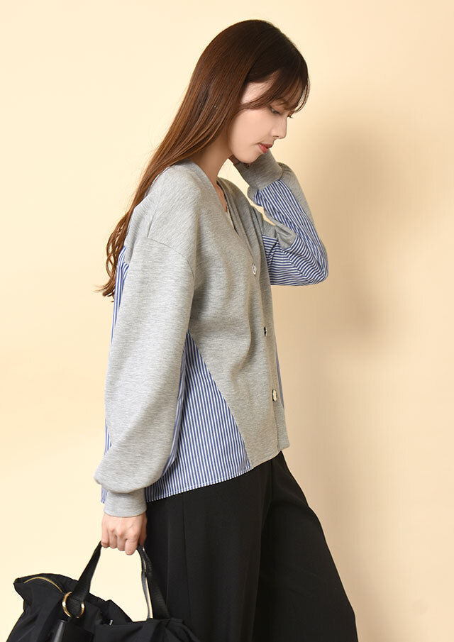 ダンボールストライプコンビVネックカーディガン