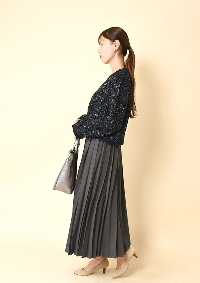 メランジ変形プリーツロングスカート