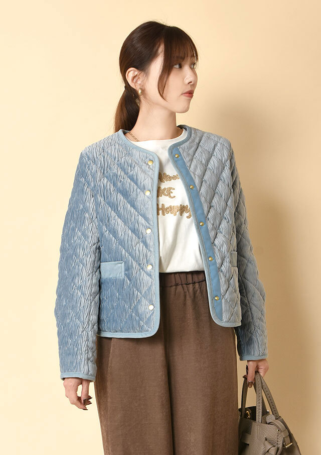 ◆ベロアキルティングノーカラーショートジャケット【H8920934】【26】