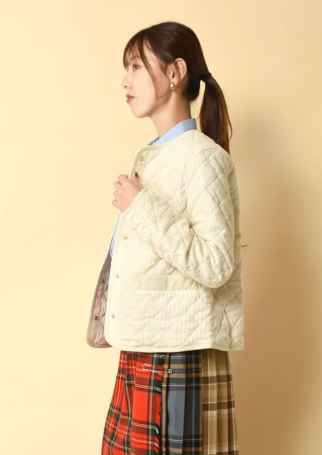 ベロアキルティングノーカラーショートジャケット