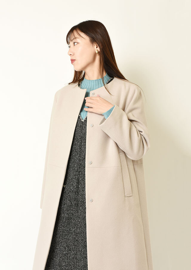 S110ウールビーバーノーカラーロングコート