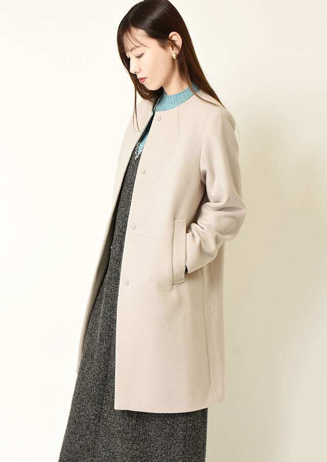 S110ウールビーバーノーカラーロングコート