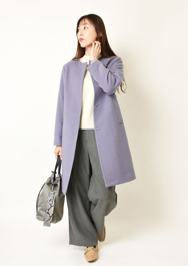 S110ウールビーバーノーカラーロングコート