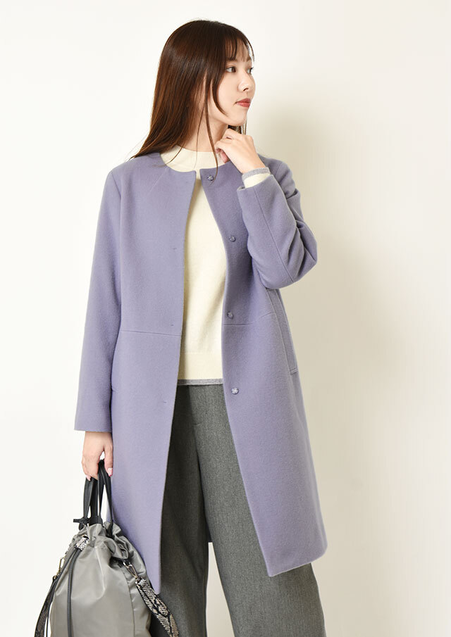 S110ウールビーバーノーカラーロングコート