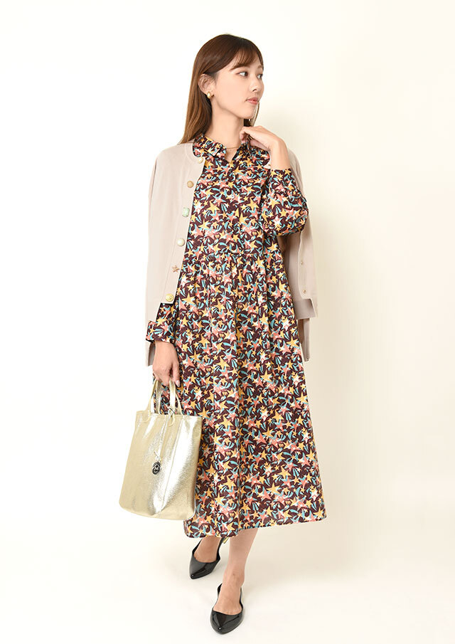 ◆リバティシャツカラーウエスト切替ワンピース【HB025501】【26】