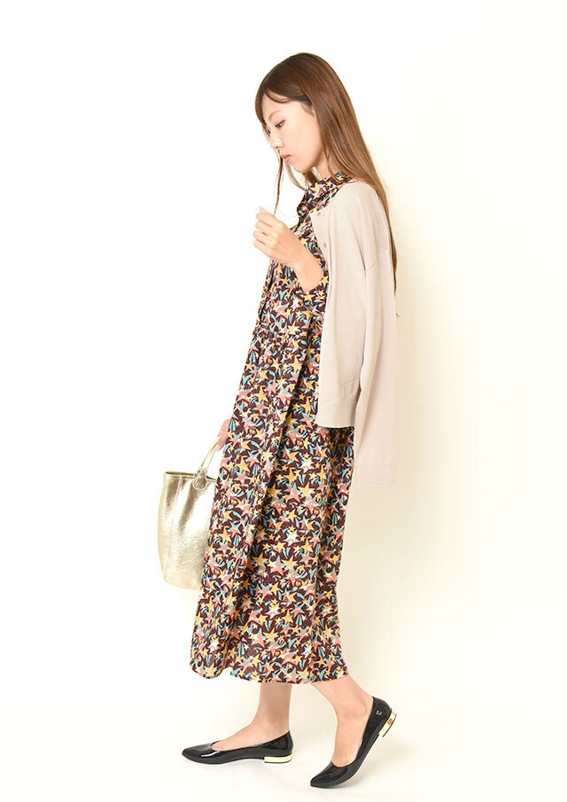リバティシャツカラーウエスト切替ワンピース