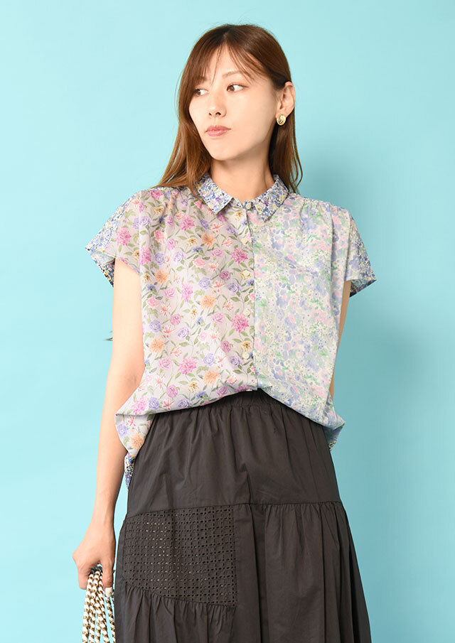 ◆リバティパッチワークフレンチスリーブシャツ【HB055008】【26】