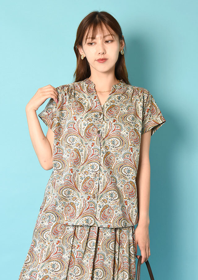 ◆リバティキーネックフレンチスリーブシャツ【HB055009】【26】