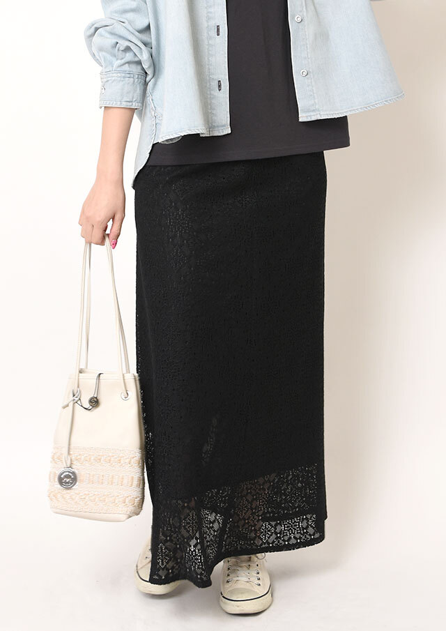 ◆幾何ラッセルレースフレアロングスカート【HJ4903】【26】