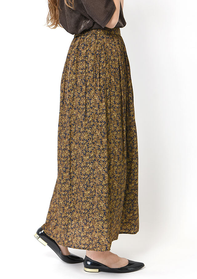 デシンフラワープリントギャザーロングスカート