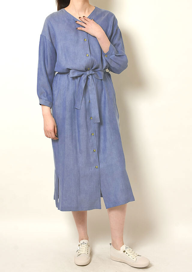 テンセルデニムvネックリボン付きロングワンピース