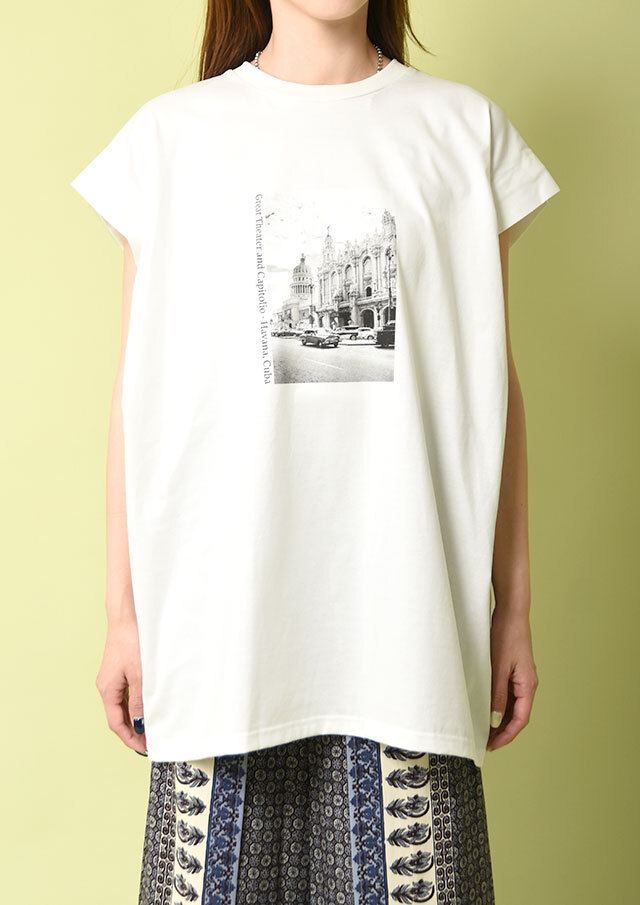 コットン天竺モチーフプリントロング丈Tシャツ