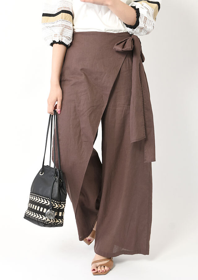 ◆コットンリネンアシンメトリーラップワイドパンツ【J149656M】【26】