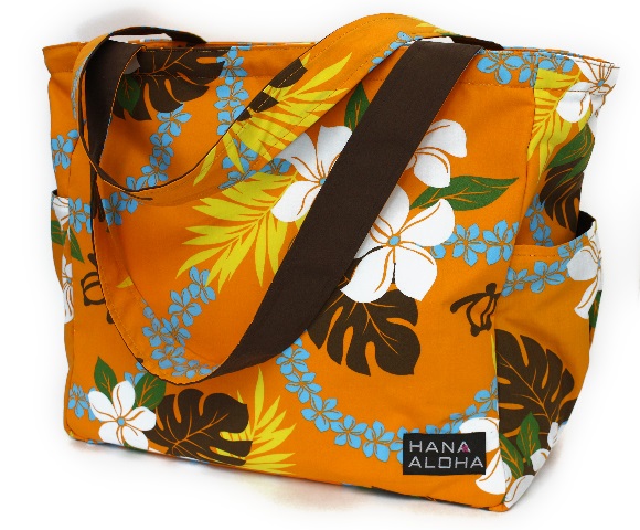 たっぷり入る、オレンジ地に白いプルメリア柄、大容量、HANAALOHAオリジナルのレッスンバッグ