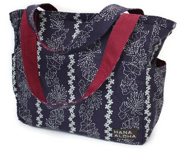 大容量レッスンバッグ、HANAALOHAオリジナルのレッスンバッグ、刺し子風のボーダ－柄、赤い裏地　ご旅行にも最適。　