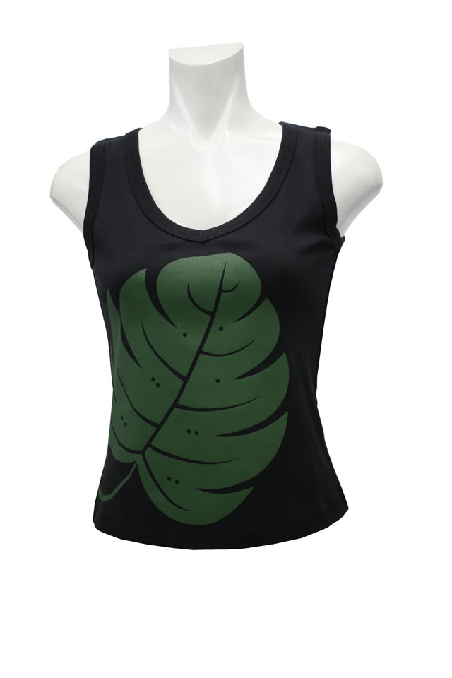 黒地にグリーンのモンステラ柄のフラダンス用タンクトップ　フラTシャツ