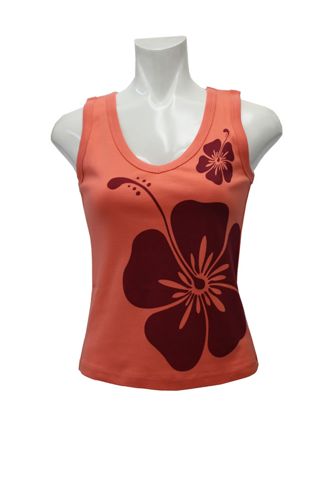 サーモンピンクに赤のハイビスカス柄のフラダンス用タンクトップ　フラTシャツ