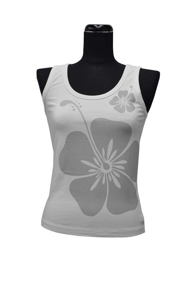 【Mサイズ・Lサイズ】 タンクトップ　白色にパールグレイのハイビスカス柄　tt-0065　