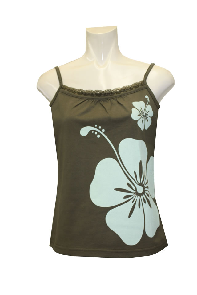 モスグリ－ン地に、ミントグリ－ンのハイビスカス模様のキャミソ－ル