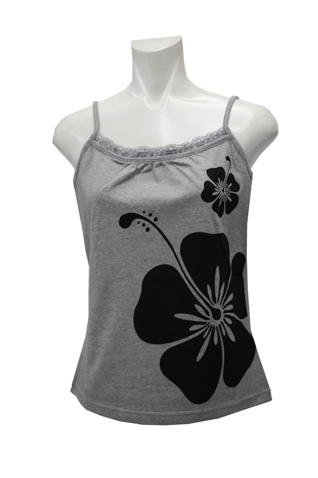 アッシュグレイ地に頃のハイビスカス模様のキャミソ－ル
