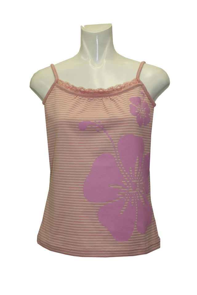 ローズピンクの白ボーダ－柄に、ピンクのハイビスカス模様のキャミソ－ル