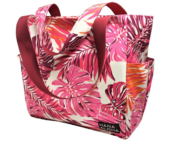 生成り地にピンク、オレンジ。えんじの大きなラウアエの葉模様がすてきなポケットいっぱいのバッグ